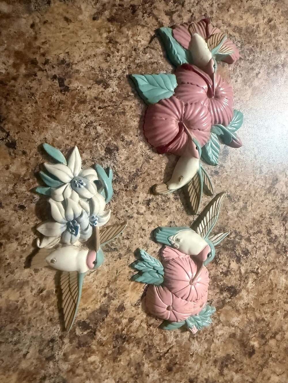 Vintage 1993 Burwood Hummingbird Wall Plaques Set of 3 Pink Teal Floral 3303